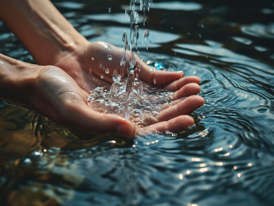 view realistic hands touching clear flowing water